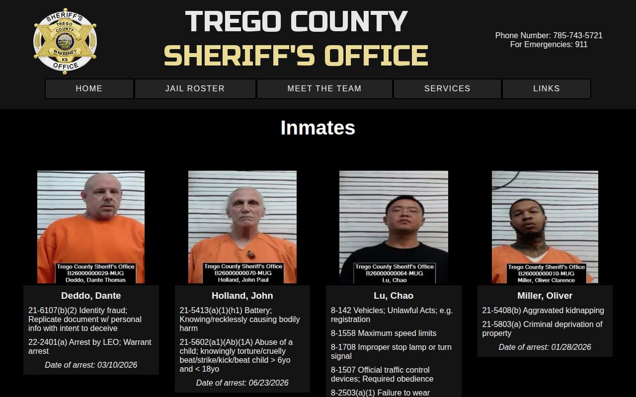 Official Trego County Sheriff current jail roster and booking photo interface