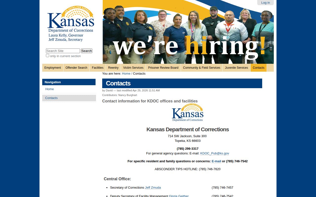 Kansas Department of Corrections release records and contact directory