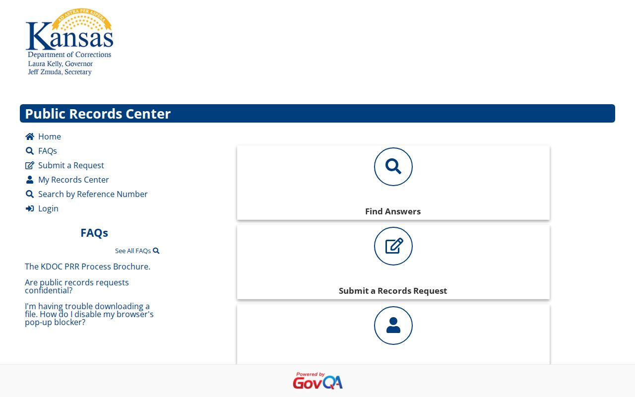 KDOC GovQA portal for Kansas release and discharge records