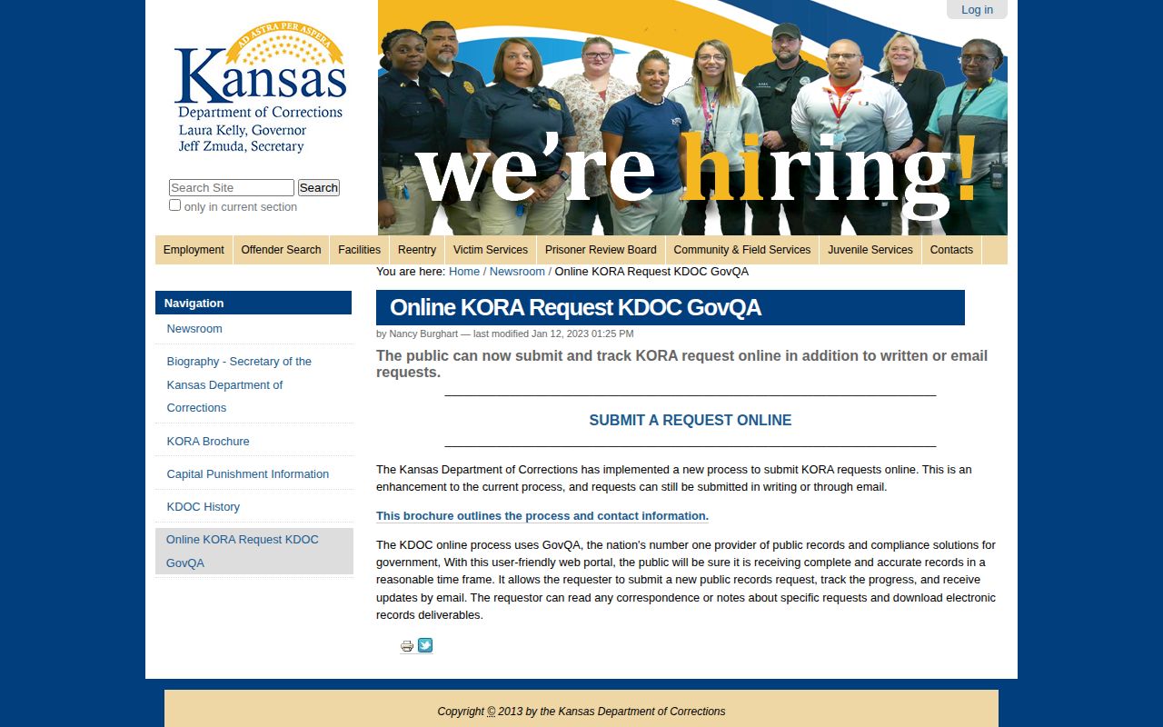 Kansas Department of Corrections public-record request guidance for a corrections photograph